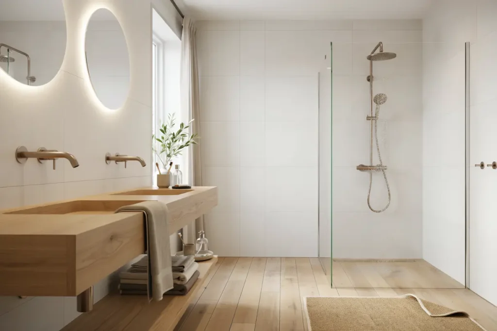 totalrenovering av familjebadrum med kakel och dubbelhandfat i mellbystrand